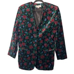 Contessa Visconte Womens Vintage Black Red Floral Velour Stunning Blazer Retro 8